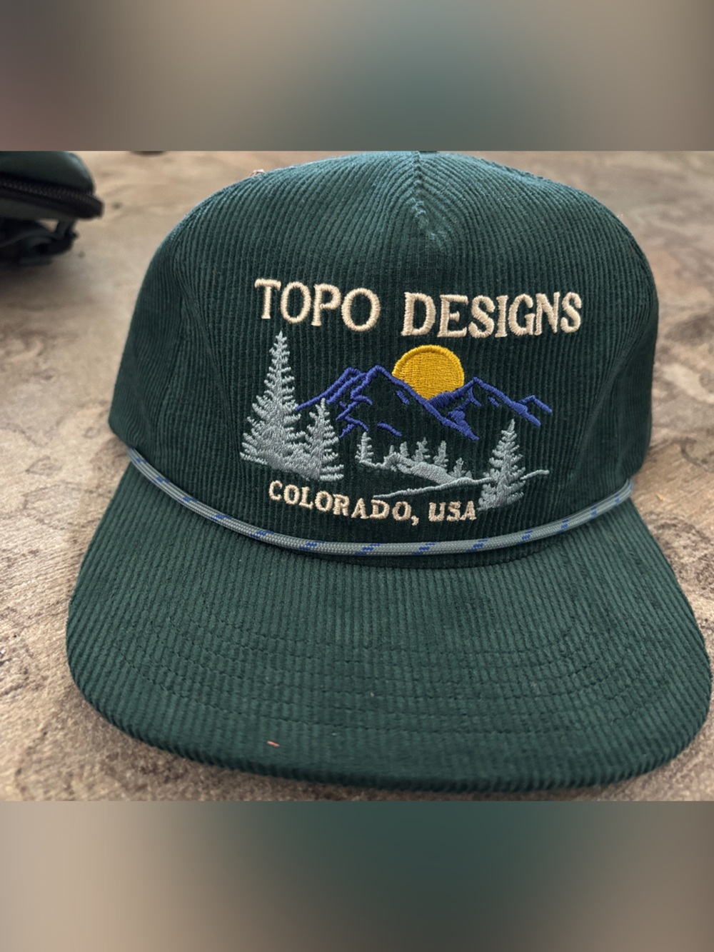 Topo Designs Dark Green Corduroy Hat with Mountain Embroidery
